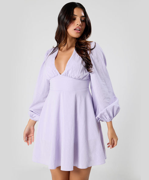 Long Puffed Sleeve Plunge Vneck Dress